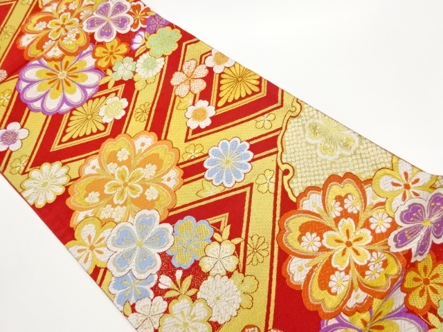 JAPANESE KIMONO / FUKURO OBI / SILK / WOVEN FLOWERS & RHOMBUS & SNOWFLAKE & FLORAL RHOMBUS